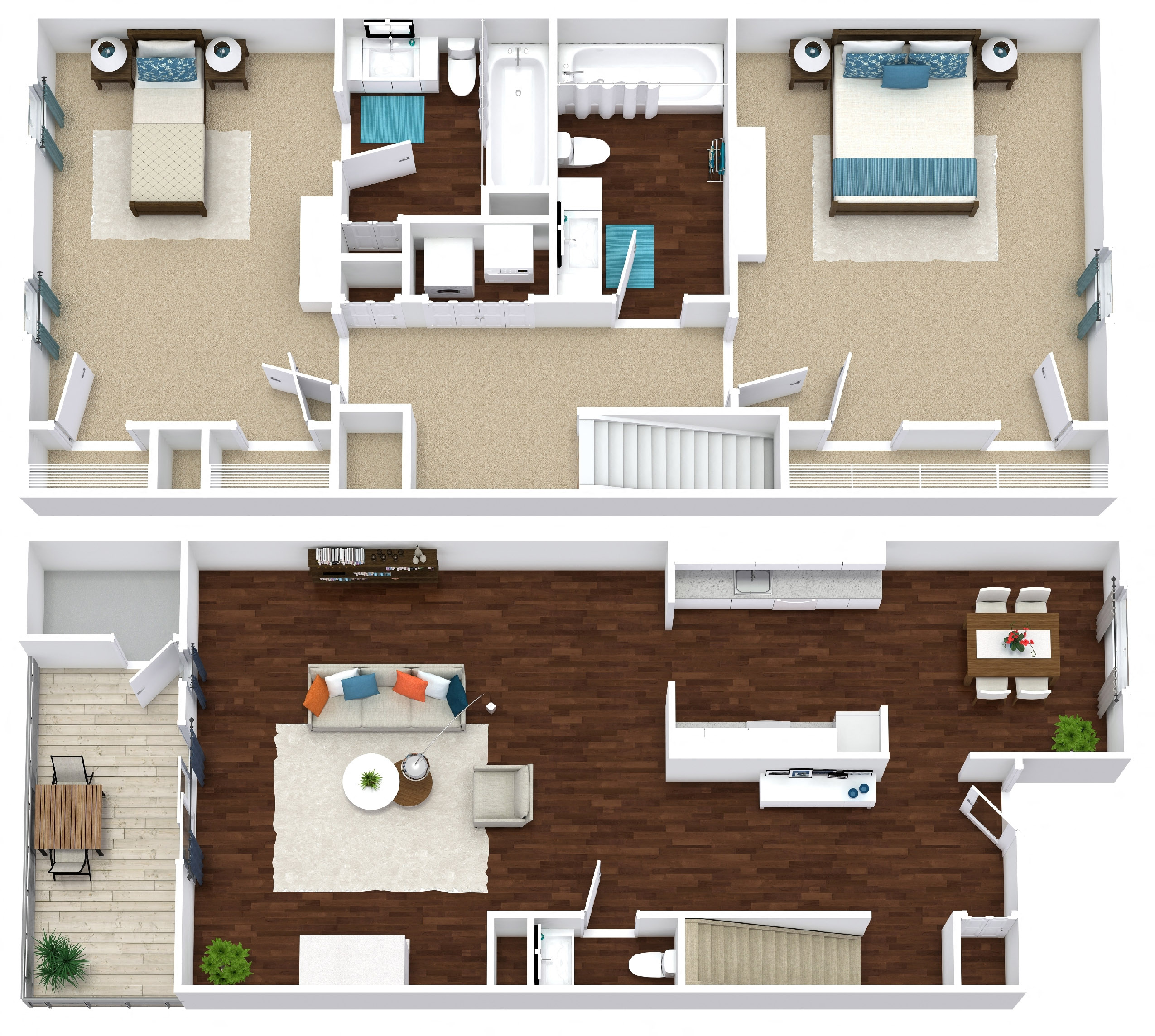 Floor plan for 2 beds, 2.5 baths, 1162 sqft